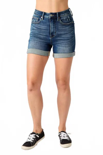 Judy Blue High Waist Tummy Control Cuffed Shorts In Dark Wash In Blue