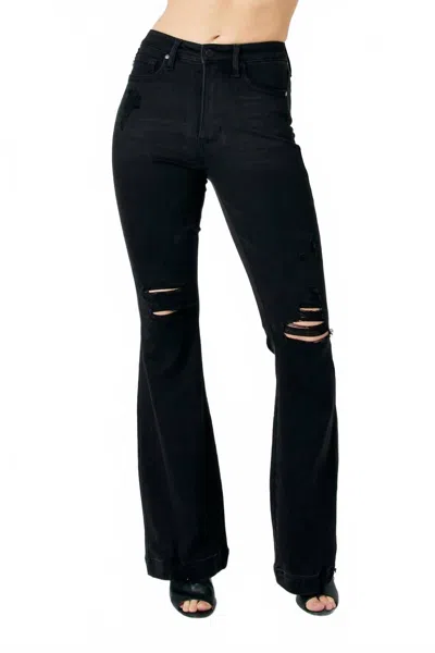 Judy Blue High Waist Tummy Control Destroy Flare Jeans In Black Denim