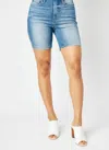 JUDY BLUE HIGH WAIST TUMMY CONTROL DOUBLE BUTTON BERMUDA DENIM SHORT IN BLUE