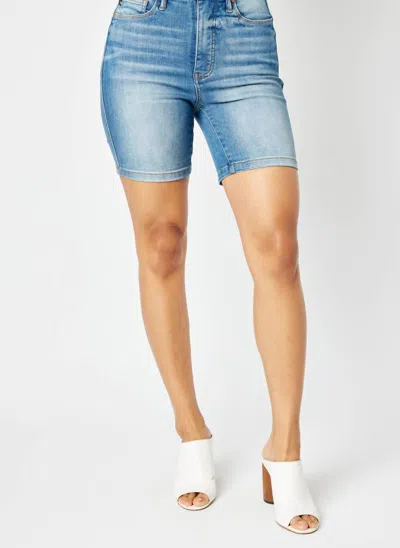 Judy Blue High Waist Tummy Control Double Button Bermuda Denim Short In Blue