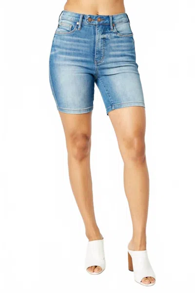 JUDY BLUE HIGH WAIST TUMMY CONTROL DOUBLE BUTTON BERMUDA SHORTS IN BLUE