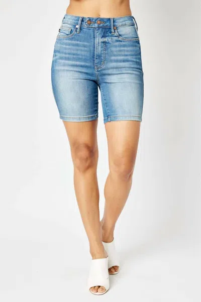 Judy Blue High Waist Tummy Control Double Button Bermuda Shorts In Medium Denim In Blue