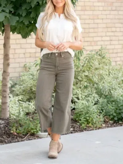 Judy Blue High Waist Tummy Control Garment Dyed Fray Hem Crop Wide Leg In Olive In Gray