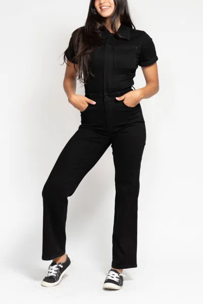Judy Blue High Waist Tummy Control Jumpsuit Straight Leg Jeans In Black Denim