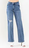 Judy Blue High Waist Tummy Control Straight Leg Jeans In Medium Wash In Multi