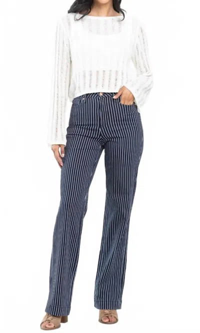 Judy Blue High Waist Tummy Control Striped Straight Trouser Jeans In Dark Blue Striped In Animal Print