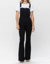 JUDY BLUE HIGH WAIST TUMMY CONTROL TOP RETRO FLARE OVERALL JEANS IN BLACK