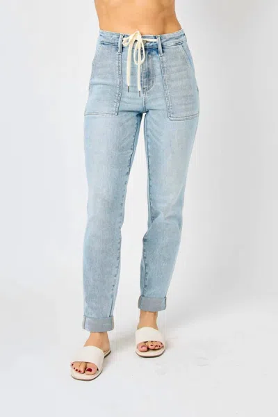 Judy Blue High Waist Vintage Double Cuff Jogger In Light Wash In Multi