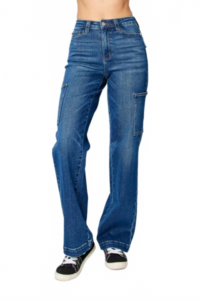 Judy Blue High Waist Cargo Wide Leg Denim Jean In Dark Wash In Blue