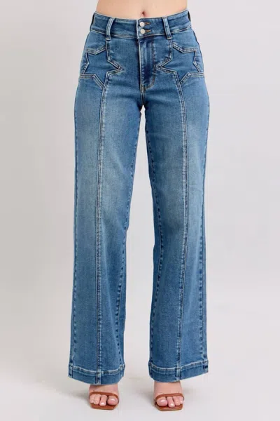 Judy Blue High Waist Wide Leg Jean With Star In Medium Wash In Blue
