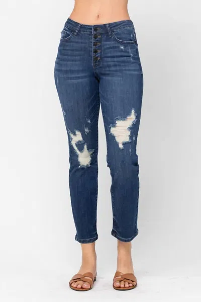 Judy Blue High Waist Zigzag And Button Fly Destroyed Boyfriend Jeans In Dark Blue