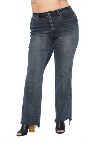 Judy Blue High Waisted Button Fly Hem Distressed Straight Leg Jeans - Plus In Dark Denim Wash In Multi
