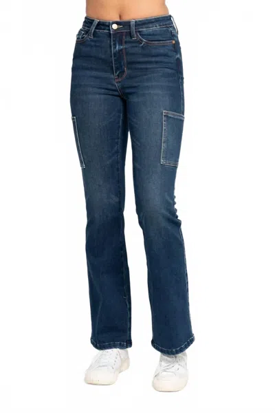 Judy Blue High Waisted Cargo Bootcut Stretchy Jeans In Dark Denim In Blue