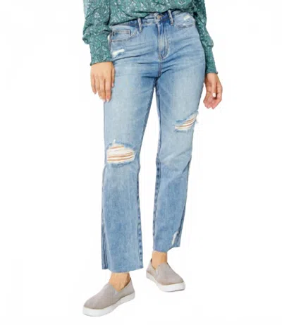 Judy Blue High Waisted Destroyed Straight Leg Jeans In Light Wash In Blue