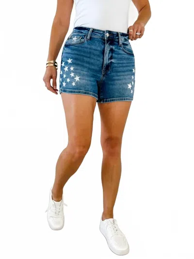 Judy Blue High Waisted Slim Short With Star Splatter In Medium Denim In Blue