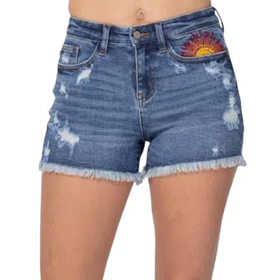 Judy Blue Hi-rise Sun Embroidery Cutoff Shorts In Blue