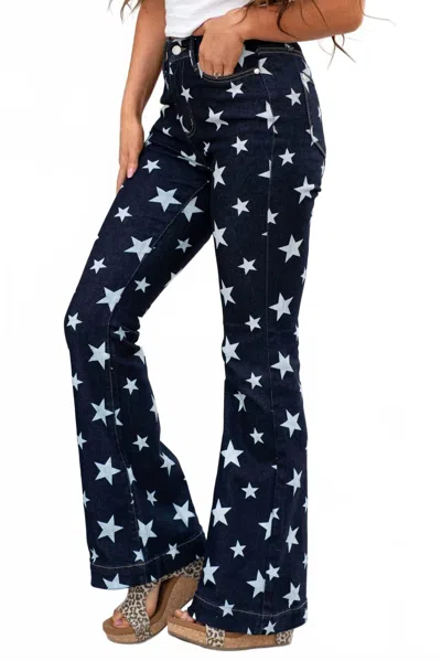 Judy Blue I'm Seeing Stars Flare Jeans In Dark Blue Wash In Multi