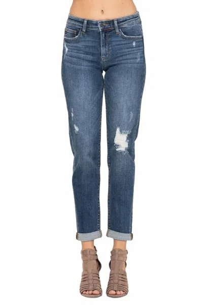 Judy Blue Kimberly Destroyed Cuff Slim Fit Jeans In Medium Wash In Blue