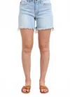 Judy Blue Double Button Fray Hem Mid Rise Denim Shorts In Light Wash In Blue