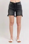 Judy Blue Mid Rise Long Cut Off 2 Button Dad Denim Short In Black In Black