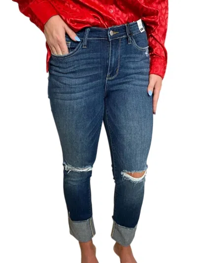 Judy Blue Mid Rise 4" Cuff Destroyed Knee Jeans In Blue