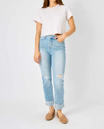 Judy Blue Mid Rise Americana Flag Cuff Boyfriend Jean In Blue
