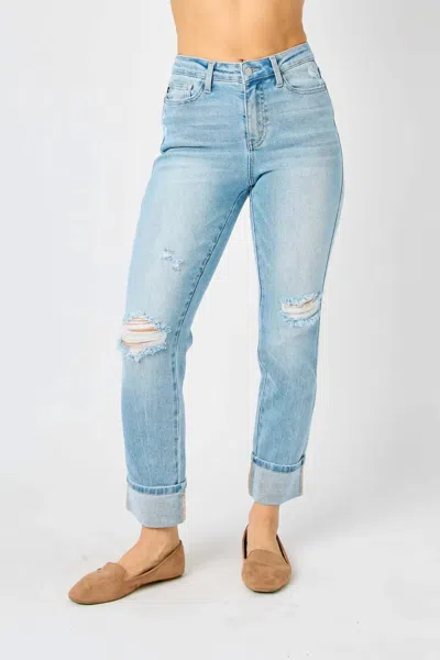 Judy Blue Mid-rise Americana Flag Cuff Boyfriend Jean In Light Wash In Blue