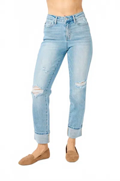 JUDY BLUE MID RISE AMERICANA STAR POCKET CUFFED BOYFRIEND JEANS IN BLUE