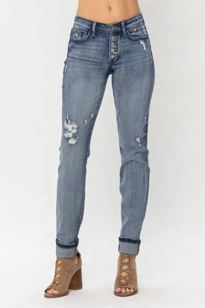 Judy Blue Mid Rise Button Fly & Cuff Options Tall Boyfriend Denim Jeans In Contrast Wash In Gray