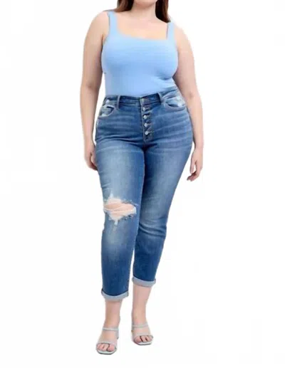 Judy Blue Mid Rise Button Fly Distressed Boyfriend Jeans In Medium In Blue