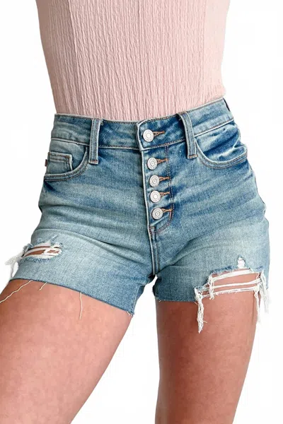 Judy Blue Mid Rise Button Fly Distressed Shorts In Blue