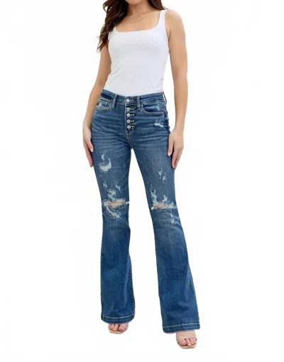Judy Blue Mid Rise Button Fly Flare Jeans In Denim In Blue