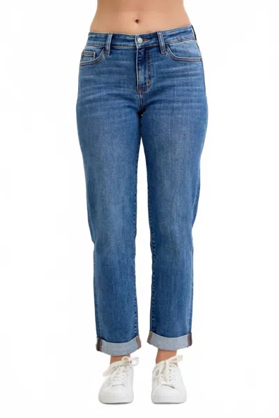 Judy Blue Mid Rise Classic Cuffed Boyfriend Jeans In Denim In Blue