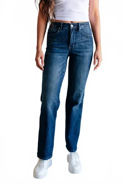 Judy Blue Mid Rise Tummy Control Vintage Raw Hem Straight Leg Jeans In Medium Wash In Blue