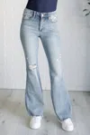 Judy Blue Mid Rise Control Top Distressed Flare Jeans In Light Wash In Blue