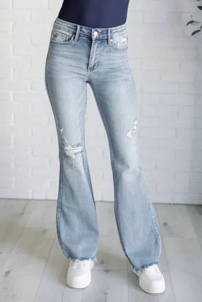 Judy Blue Mid Rise Control Top Distressed Flare Jeans In Light Wash In Blue