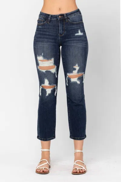 Judy Blue Mid Rise Crop Leg Straight Denim Jeans In Blue