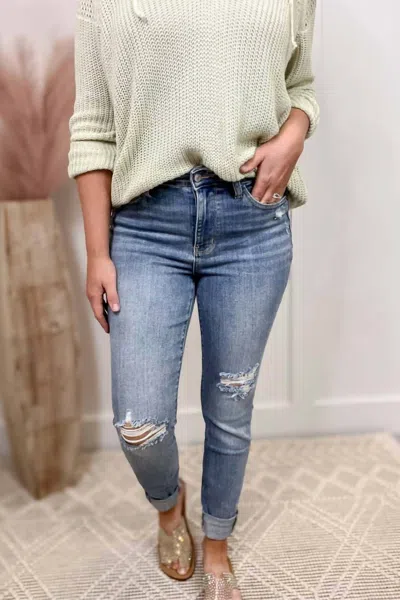 Judy Blue Mid Rise Cuffed Distressed Skinny In Blue