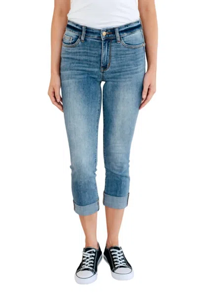 Judy Blue Mid Rise Cuffed Skinny Capri Jeans In Medium Wash In Multi
