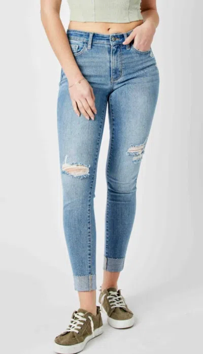 Judy Blue Mid Rise Destroy & Cuff Skinny Jean In Blue