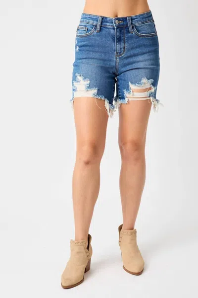 Judy Blue Destroyed Fray Hem Shorts In Medium Wash In Blue