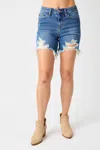JUDY BLUE MID RISE DESTROY FRAY HEM SHORTS IN BLUE