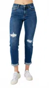 Judy Blue Mid Rise Destroy Slim Jeans In Dark Blue In Blue