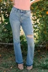 Judy Blue Mid Rise Destroyed & Released Hem Bootcut Jeans In Medium Wash In Multi