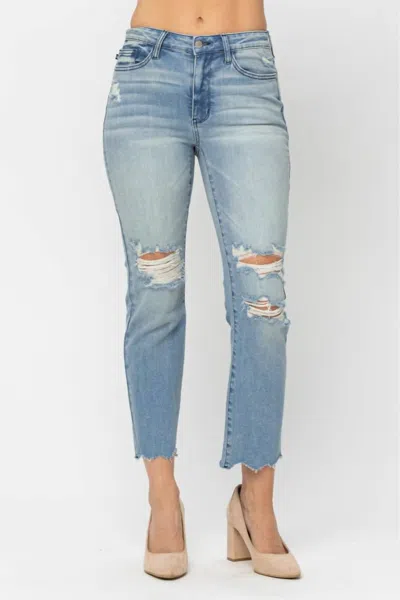 Judy Blue Mid-rise Destroyed Crop Straight Jeans In Tinted Wash In Blue