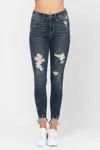 Judy Blue Mid Rise Destroyed Hem Skinny Jeans - Plus In Dark Denim In Blue