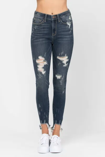 Judy Blue Mid Rise Destroyed Hem Skinny Jeans - Plus In Dark Denim In Blue
