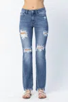 Judy Blue Marian Destroyed Straight-mid Rise Jeans In Medium Blue In Blue