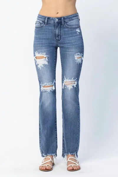 JUDY BLUE MID RISE DESTROYED STRAIGHT LEG JEAN IN MEDIUM BLUE