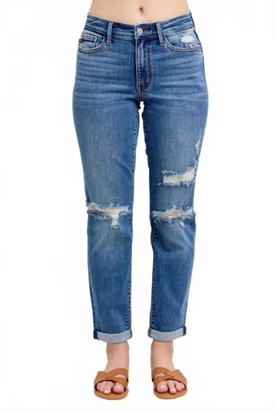 Judy Blue Mid-rise Distressed Boyfriend Jeans In Medium Blue